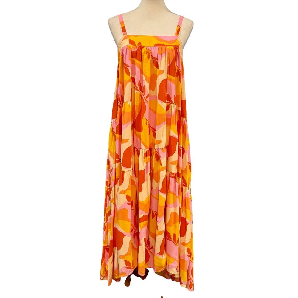 Abel The Label Boho Abstract Tiered Trapeze Maxi Dress Orange Pink, Size M